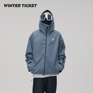 WinterTicket双单板自由式OVERSIZE宽大嘻哈蓝竖条纹3L夹克滑雪服