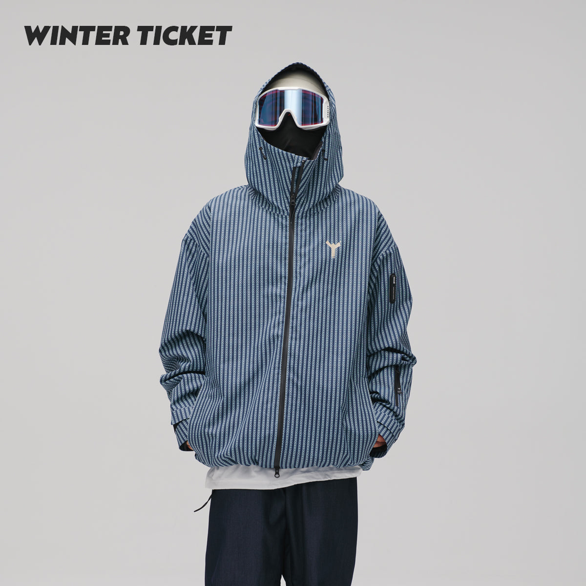 WinterTicket双单板自由式OVERSIZE宽大嘻哈蓝竖条纹3L夹克滑雪服
