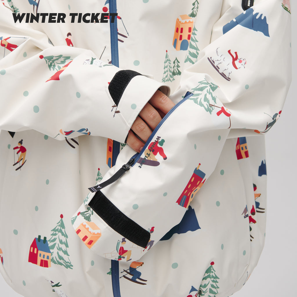 WinterTicket双单板自由式OVERSIZE宽大嘻哈米色插画3L夹克滑雪服