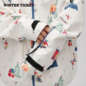 WinterTicket双单板自由式OVERSIZE宽大嘻哈米色插画3L夹克滑雪服