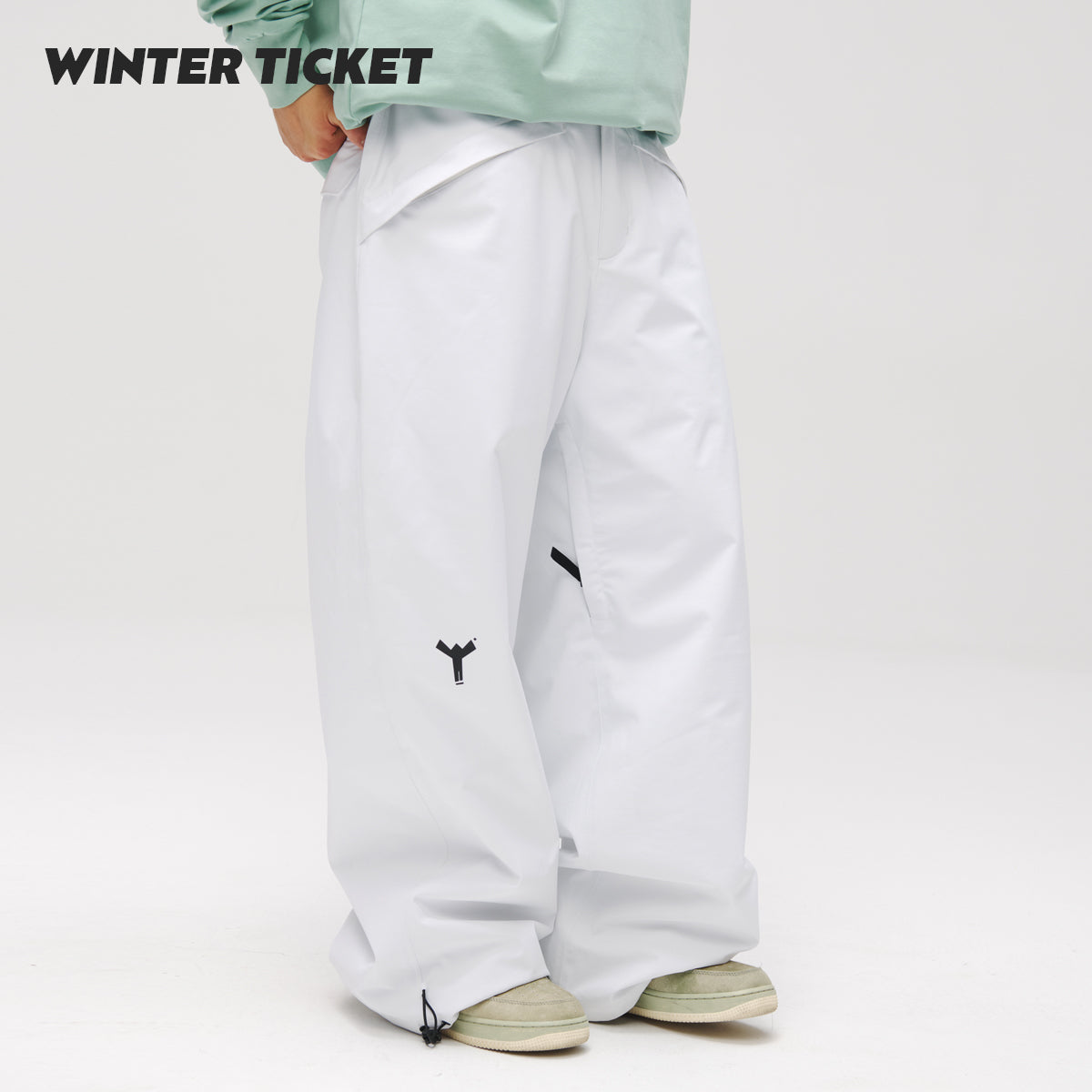 WINTER TICKET经典白色宽大嘻哈Oversize单双板自由式滑雪裤子