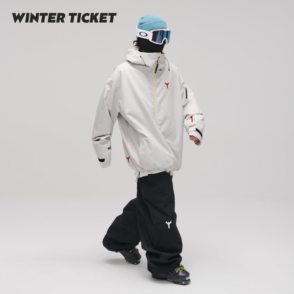 WinterTicket双单板自由式OVERSIZE宽大嘻哈灰白滑雪3L夹克雪服