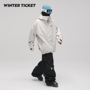 WinterTicket双单板自由式OVERSIZE宽大嘻哈灰白滑雪3L夹克雪服