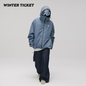 WinterTicket双单板自由式OVERSIZE宽大嘻哈蓝竖条纹3L夹克滑雪服