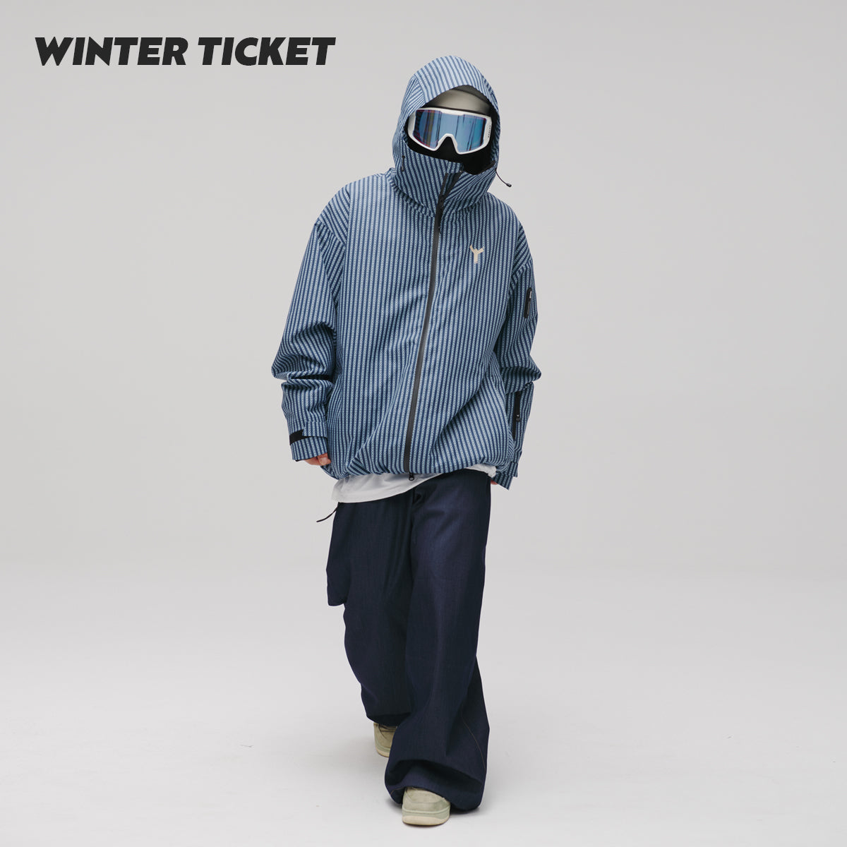 WinterTicket双单板自由式OVERSIZE宽大嘻哈蓝竖条纹3L夹克滑雪服