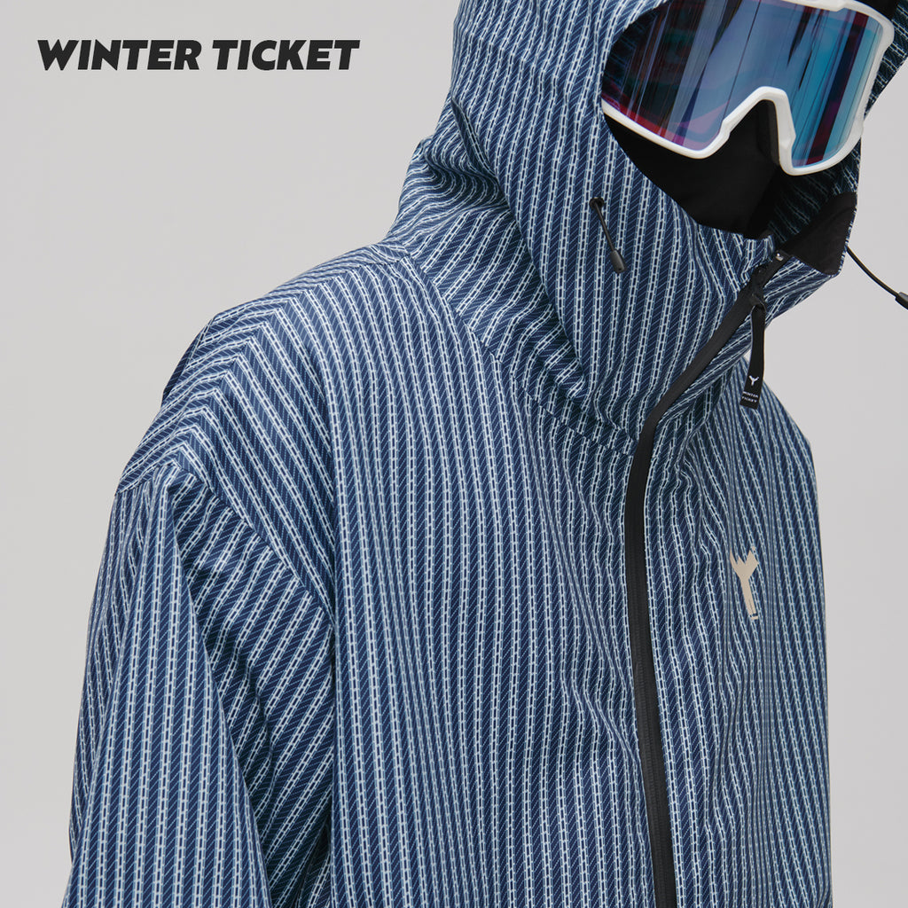 WinterTicket双单板自由式OVERSIZE宽大嘻哈蓝竖条纹3L夹克滑雪服