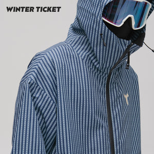 WinterTicket双单板自由式OVERSIZE宽大嘻哈蓝竖条纹3L夹克滑雪服