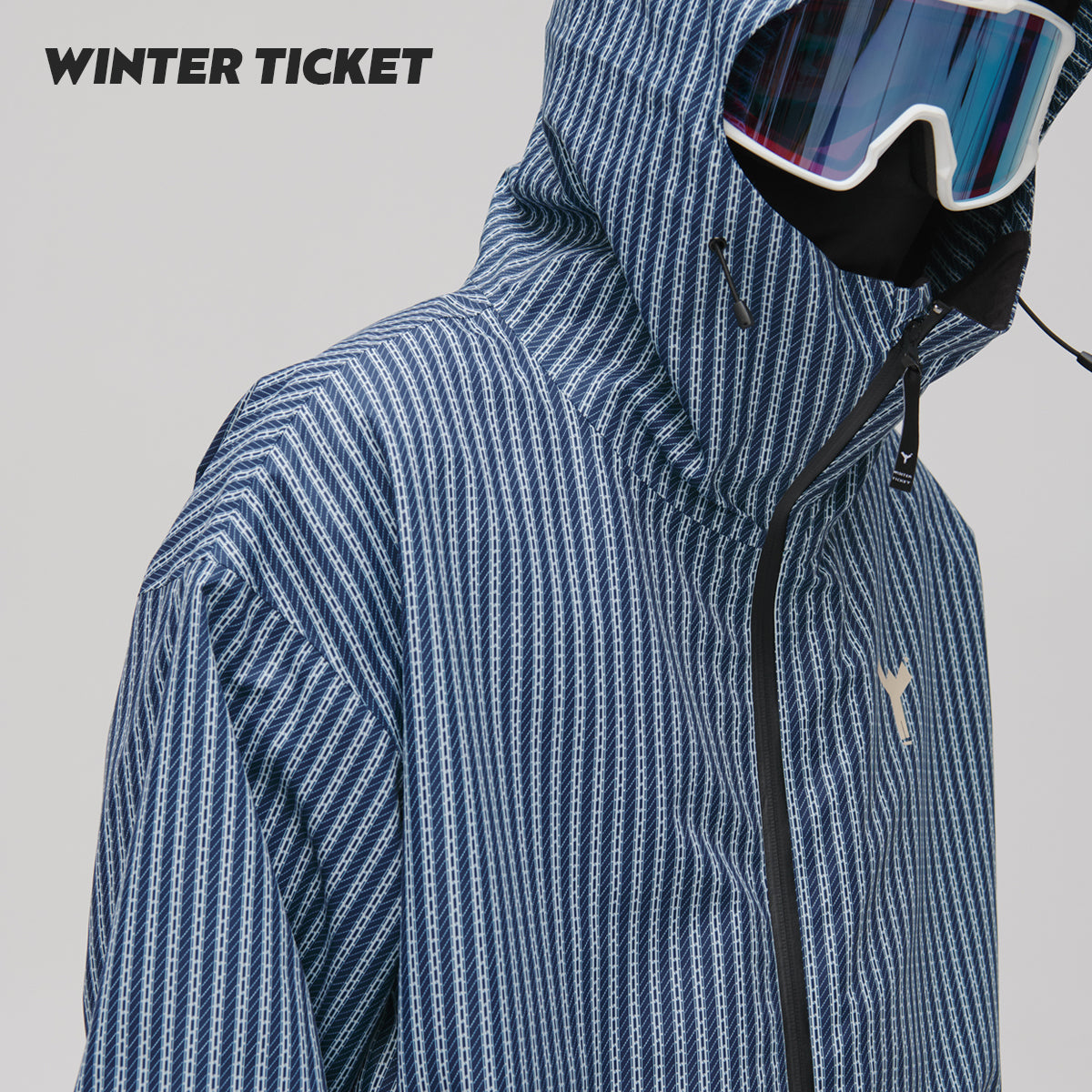 WinterTicket双单板自由式OVERSIZE宽大嘻哈蓝竖条纹3L夹克滑雪服
