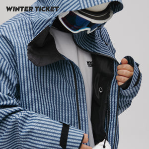 WinterTicket双单板自由式OVERSIZE宽大嘻哈蓝竖条纹3L夹克滑雪服