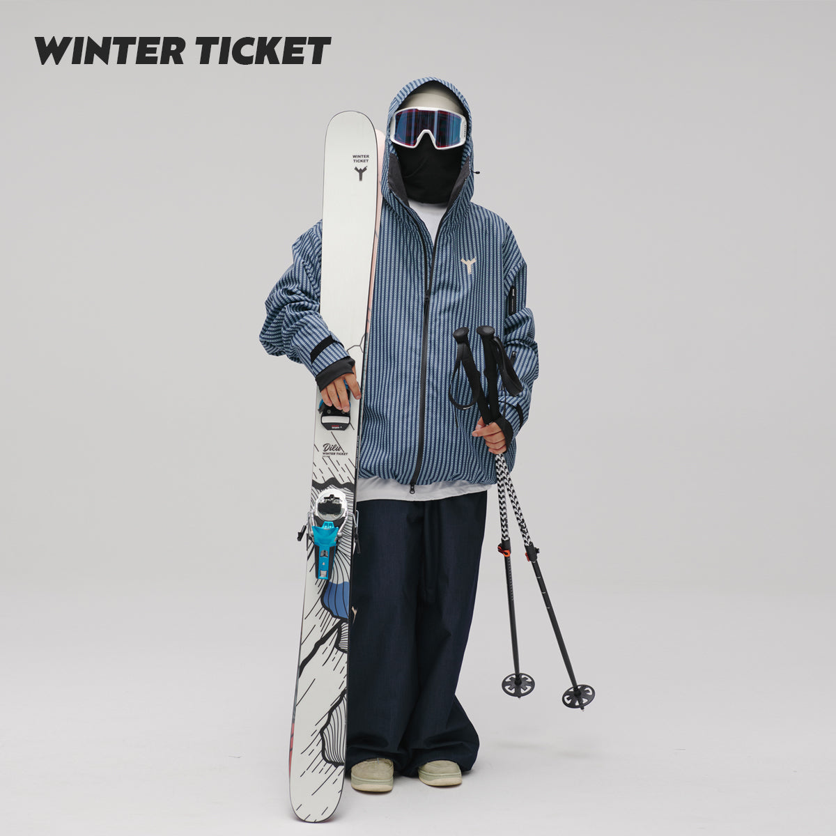 WinterTicket双单板自由式OVERSIZE宽大嘻哈蓝竖条纹3L夹克滑雪服
