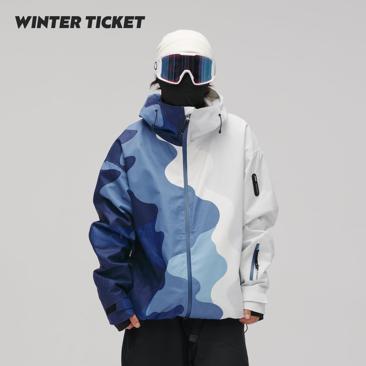 WinterTicket双单板自由式OVERSIZE宽大嘻哈蓝白山纹3L夹克滑雪服