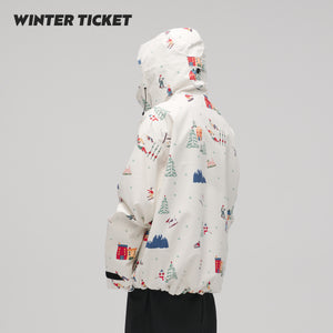 WinterTicket双单板自由式OVERSIZE宽大嘻哈米色插画3L夹克滑雪服