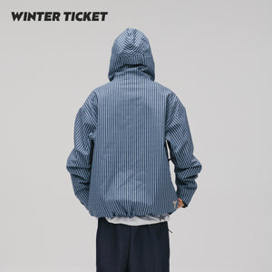 WinterTicket双单板自由式OVERSIZE宽大嘻哈蓝竖条纹3L夹克滑雪服