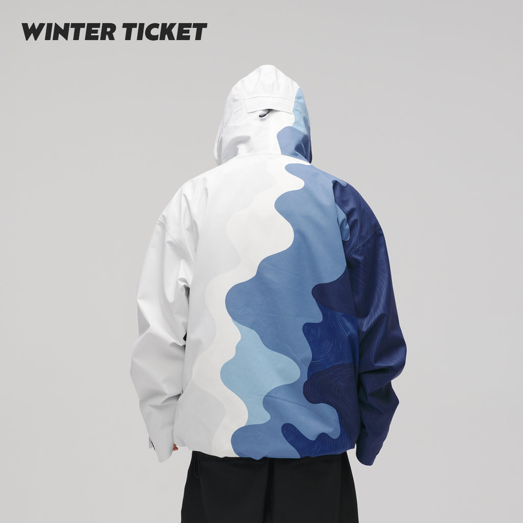 WinterTicket双单板自由式OVERSIZE宽大嘻哈蓝白山纹3L夹克滑雪服