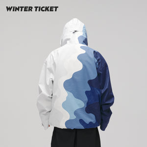 WinterTicket Snowboard/Ski Freestyle Oversized Hip-Hop Blue and White Mountain Pattern 3L Jacket Ski Suit