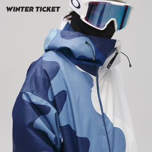 WinterTicket Snowboard/Ski Freestyle Oversized Hip-Hop Blue and White Mountain Pattern 3L Jacket Ski Suit