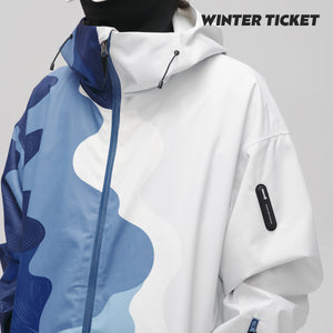 WinterTicket Snowboard/Ski Freestyle Oversized Hip-Hop Blue and White Mountain Pattern 3L Jacket Ski Suit