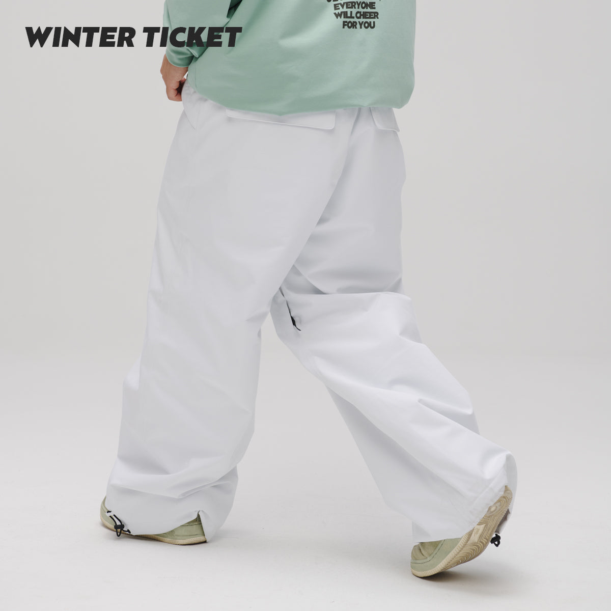 WINTER TICKET经典白色宽大嘻哈Oversize单双板自由式滑雪裤子