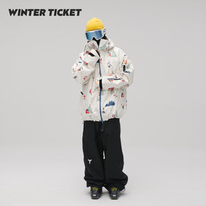 WinterTicket双单板自由式OVERSIZE宽大嘻哈米色插画3L夹克滑雪服