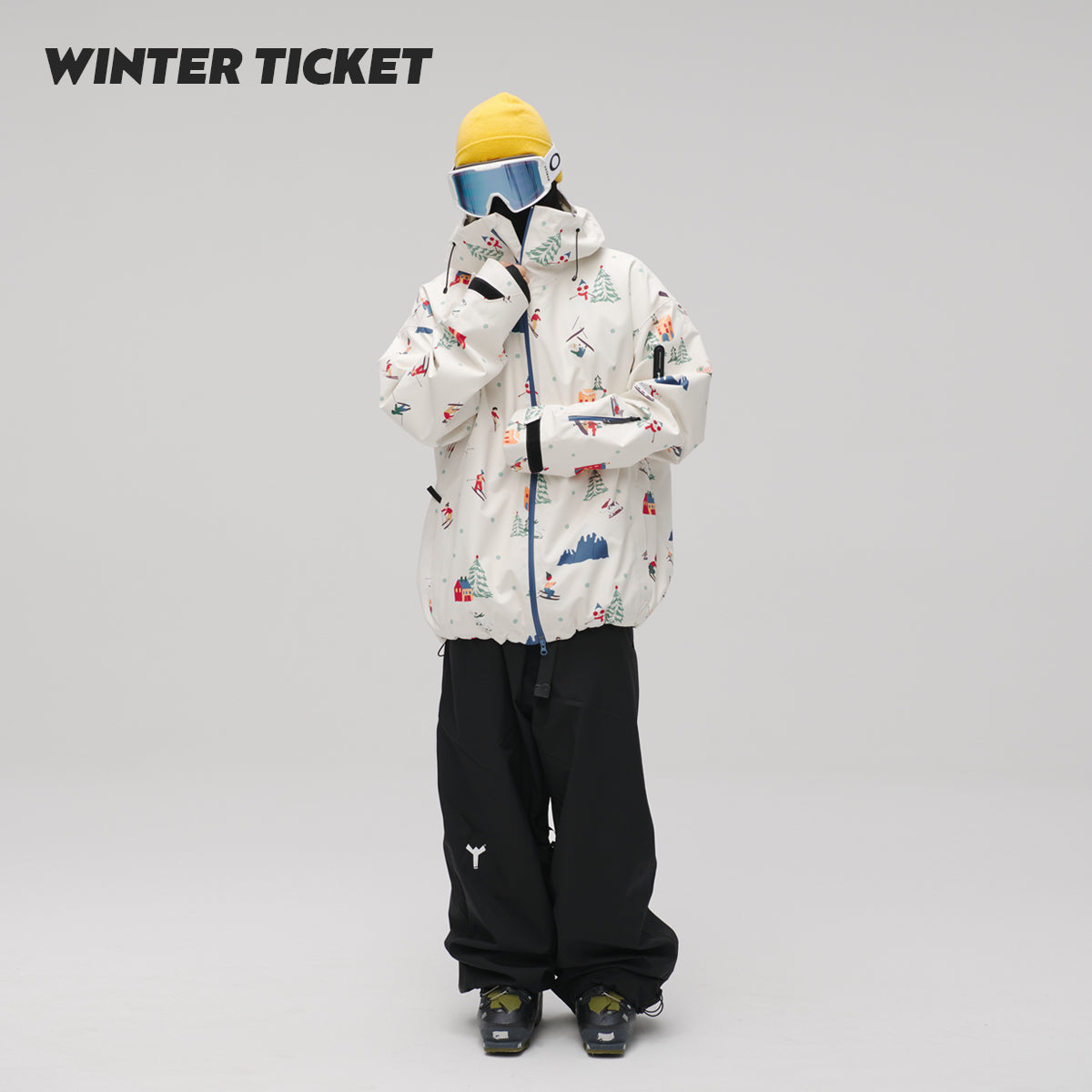 WinterTicket双单板自由式OVERSIZE宽大嘻哈米色插画3L夹克滑雪服