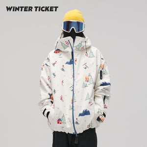WinterTicket双单板自由式OVERSIZE宽大嘻哈米色插画3L夹克滑雪服