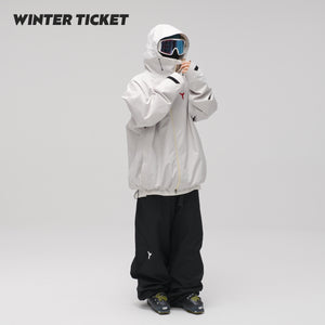 WinterTicket双单板自由式OVERSIZE宽大嘻哈灰白滑雪3L夹克雪服