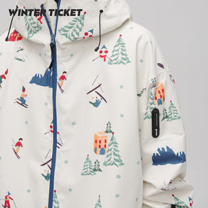 WinterTicket双单板自由式OVERSIZE宽大嘻哈米色插画3L夹克滑雪服