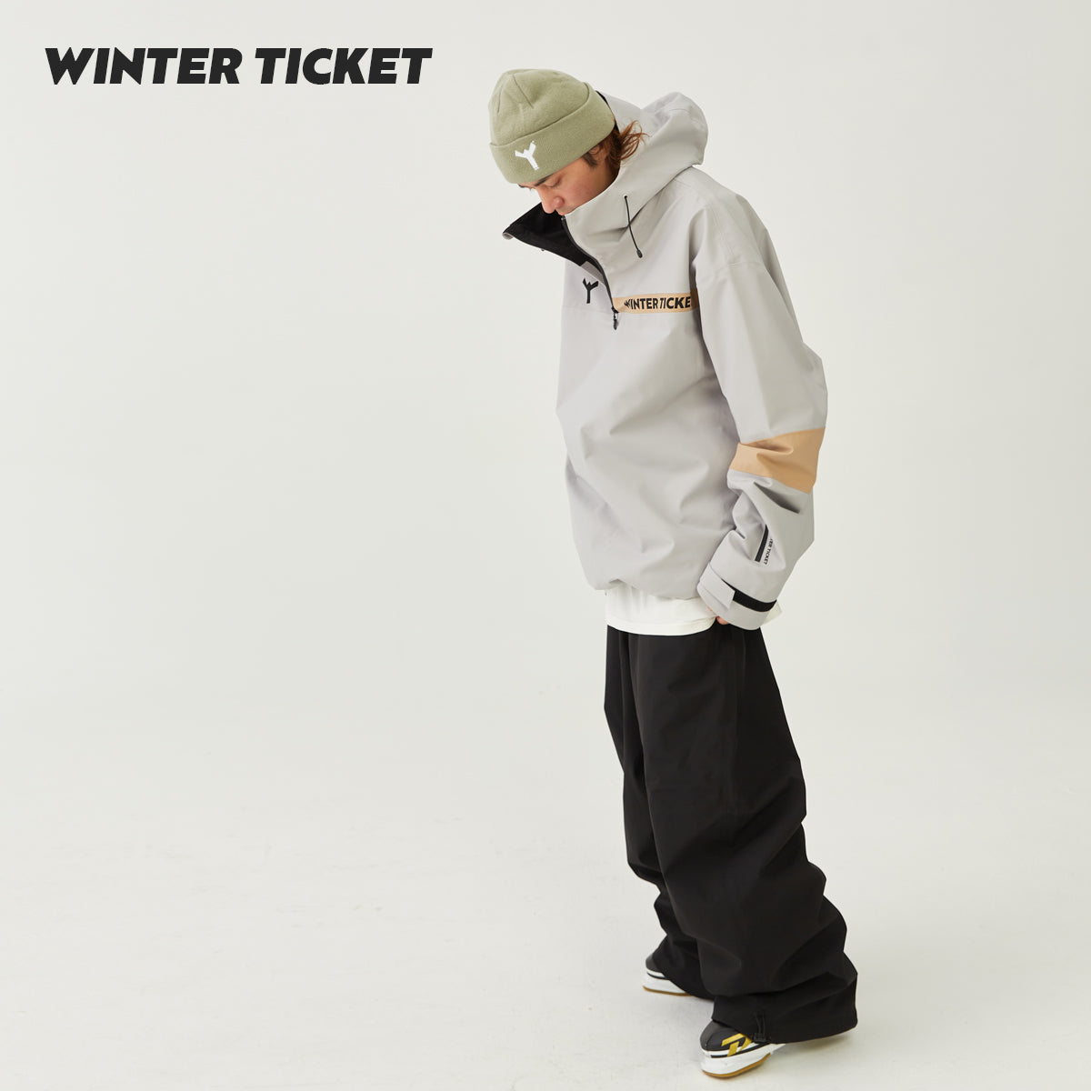 WinterTicket双单板自由式OVERSIZE灰咖色宽大嘻哈3L套头雪服夹克