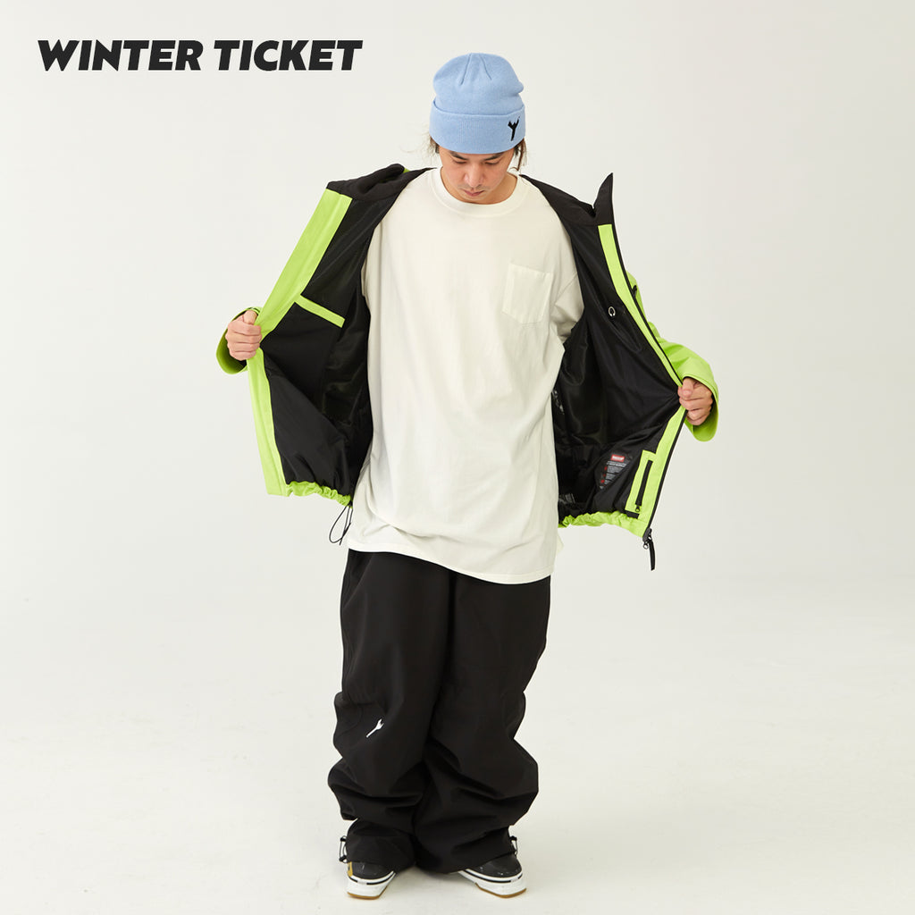 WinterTicket双单板自由式OVERSIZE宽大嘻哈Recco滑雪3L荧光黄夹克雪服
