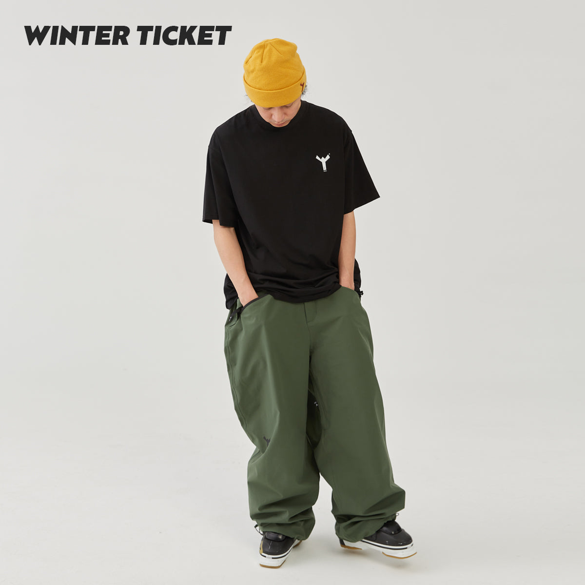 WINTER TICKET 军绿色宽大Oversize单双板自由式滑雪裤子