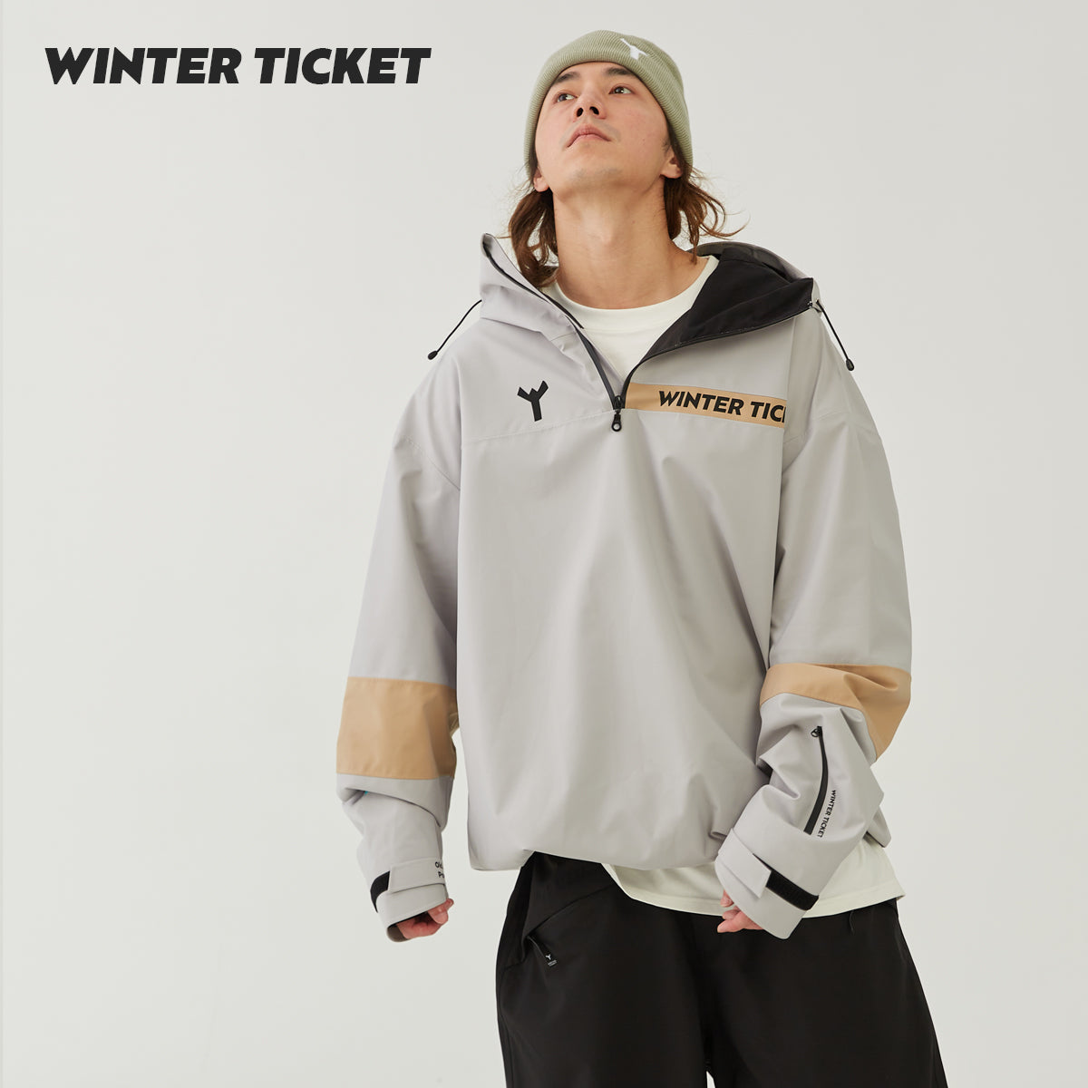 WinterTicket双单板自由式OVERSIZE灰咖色宽大嘻哈3L套头雪服夹克