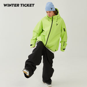 WinterTicket Snowboard Freestyle OVERSIZE Loose Hip-Hop Recco Ski 3L Fluorescent Yellow Jacket Snowsuit