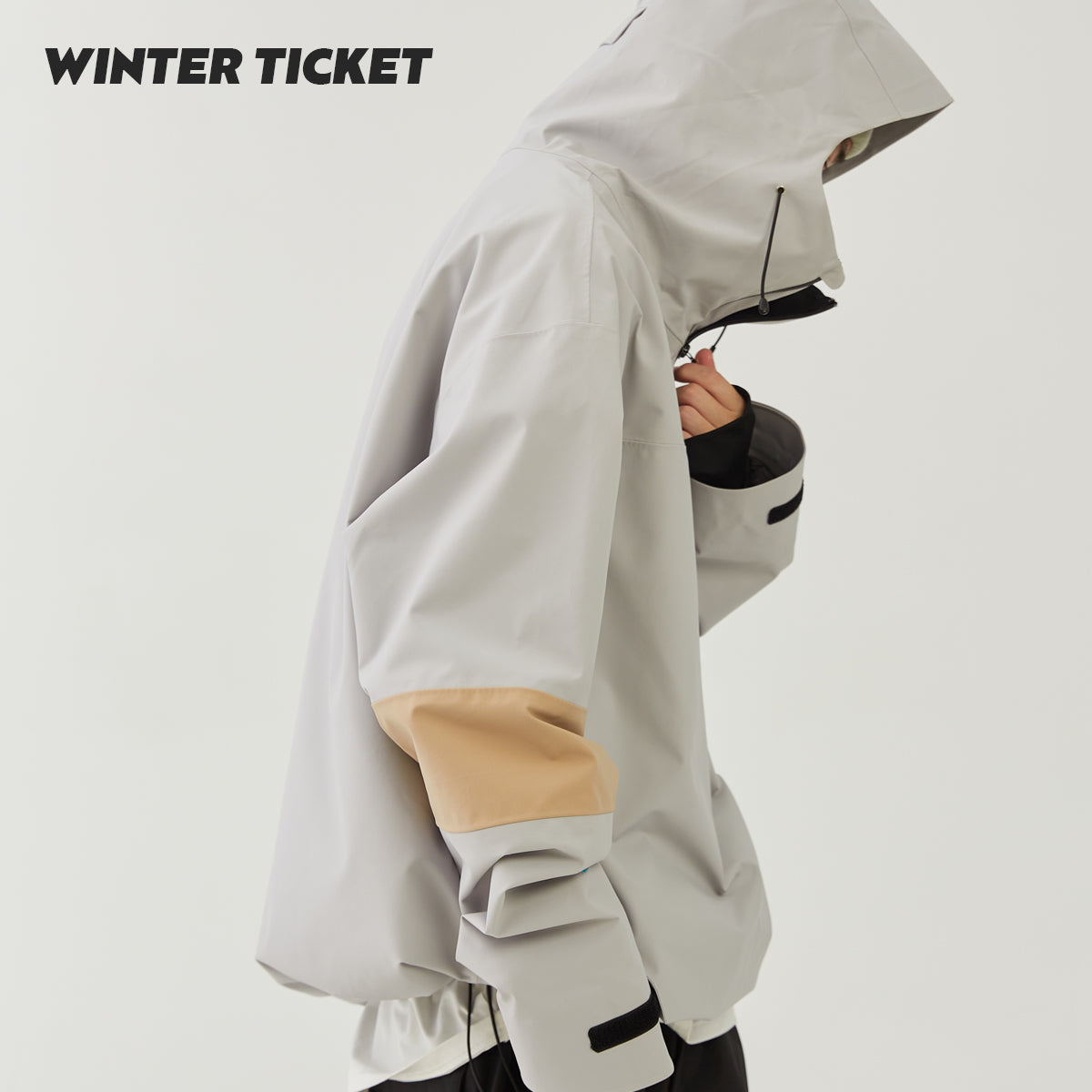 WinterTicket双单板自由式OVERSIZE灰咖色宽大嘻哈3L套头雪服夹克