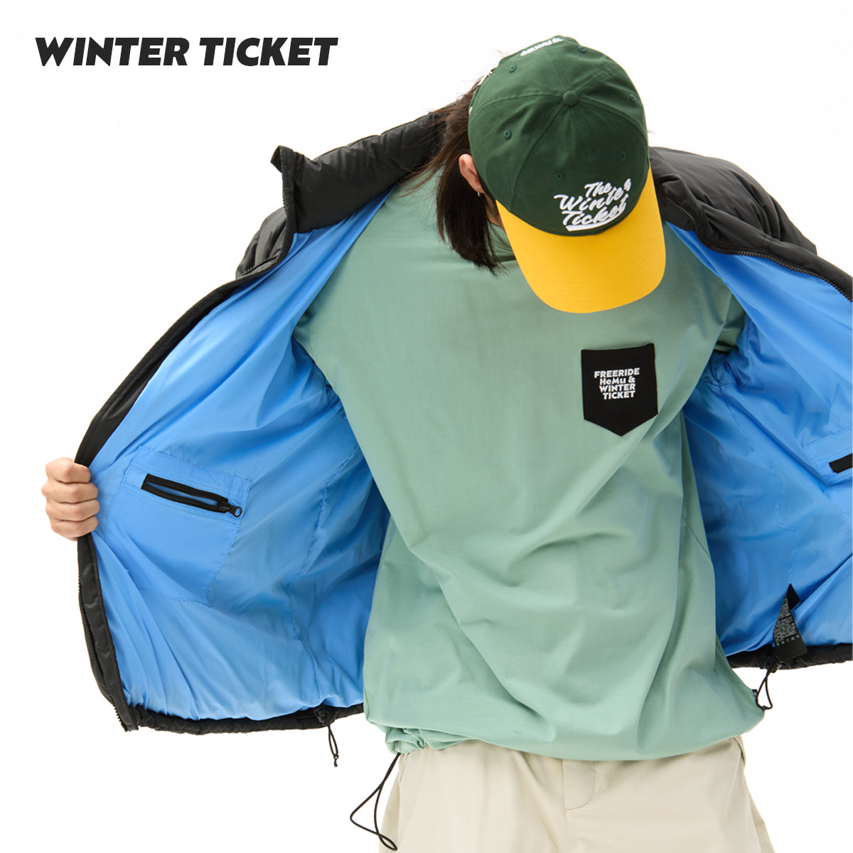 WINTER TICKET2425自由式单双板宽大嘻哈长袖T恤绿色圆领人物印花