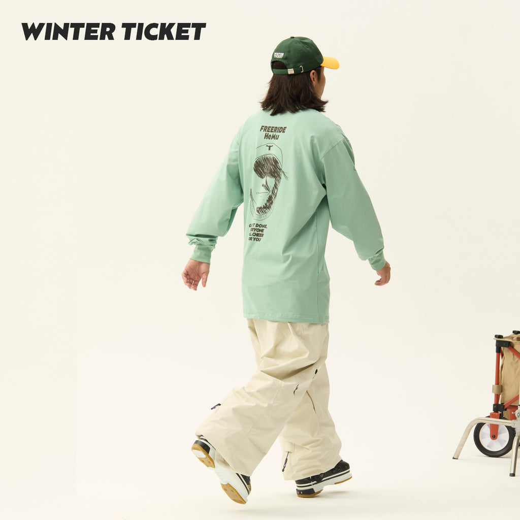 WINTER TICKET2425自由式单双板宽大嘻哈长袖T恤绿色圆领人物印花