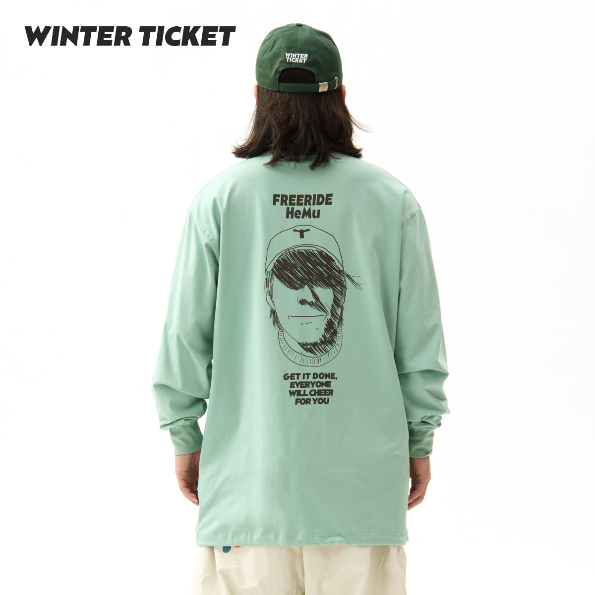 WINTER TICKET2425自由式单双板宽大嘻哈长袖T恤绿色圆领人物印花