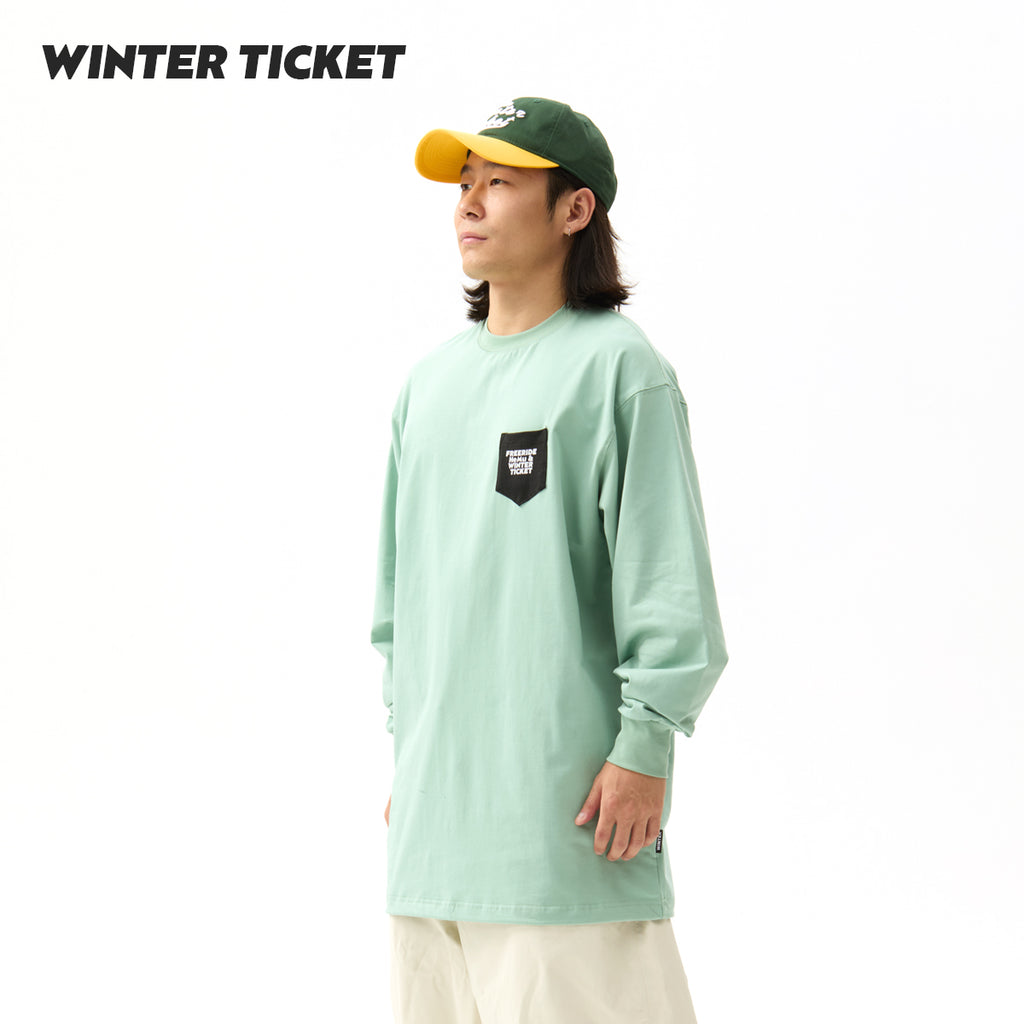 WINTER TICKET2425自由式单双板宽大嘻哈长袖T恤绿色圆领人物印花