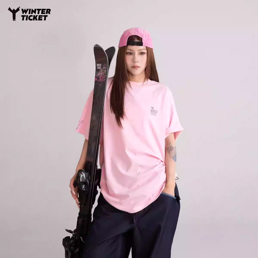 WINTERTICKET 宽大嘻哈男女T恤圆领印花粉色短袖