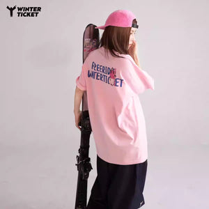 WINTERTICKET Loose Hip-Hop Unisex T-shirt Round Neck Printed Pink Short Sleeve