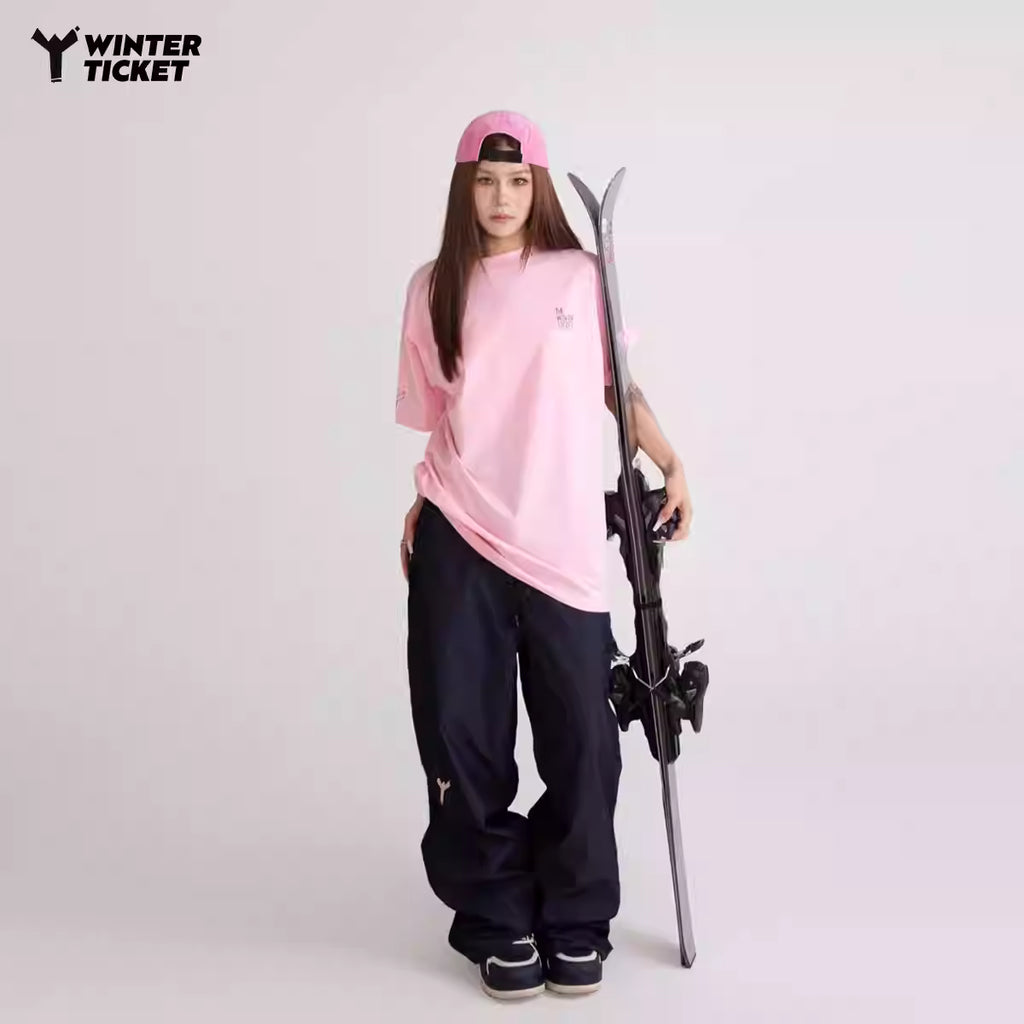 WINTERTICKET 宽大嘻哈男女T恤圆领印花粉色短袖