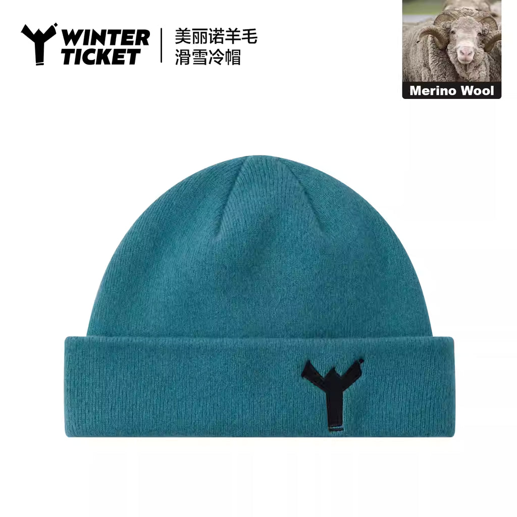 WINTER TICKET纯色圆顶卷边休闲针织美丽诺羊毛保暖滑雪短线帽