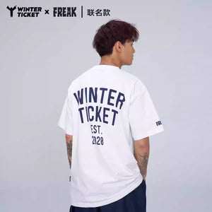 WINTERTICKET x FERAK Collaboration Freestyle Ski and Snowboard Oversized Hip-Hop T-Shirt with Round Neck and Printed Short Sleeves