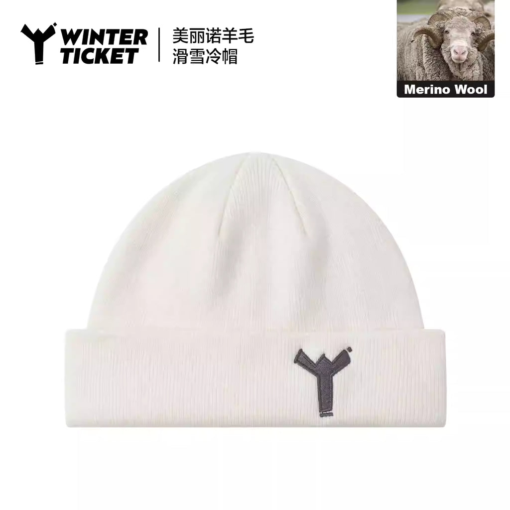 WINTER TICKET纯色圆顶卷边休闲针织美丽诺羊毛保暖滑雪短线帽