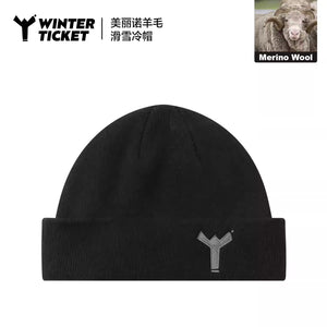 WINTER TICKET纯色圆顶卷边休闲针织美丽诺羊毛保暖滑雪短线帽