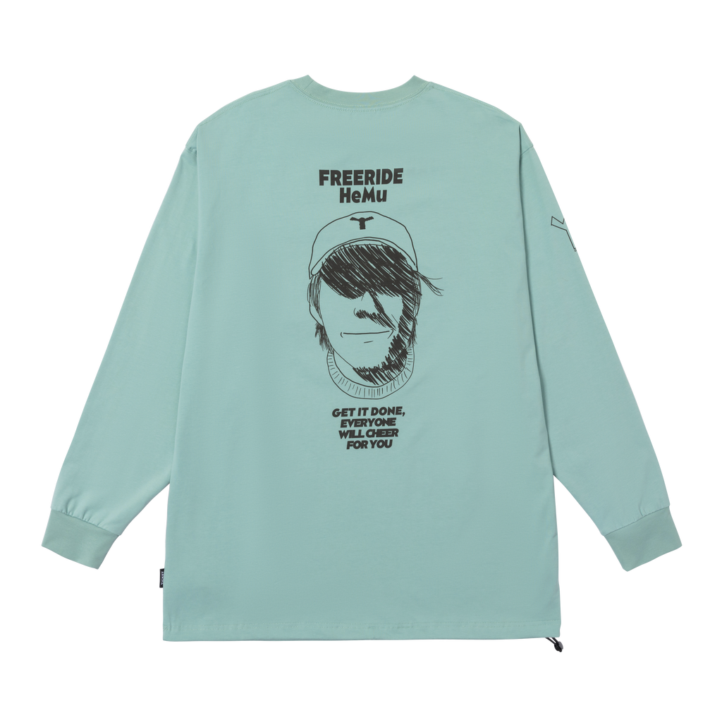 WINTER TICKET2425自由式单双板宽大嘻哈长袖T恤绿色圆领人物印花